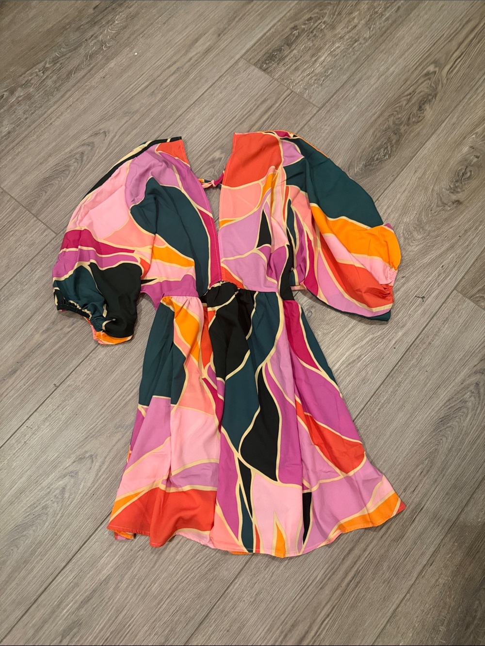 Tyche Multicolor Abstract Mini Dress in Pink, Green, Orange & Black